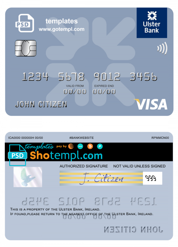 Ireland Ulster Bank Ireland visa card template in PSD format, fully editable