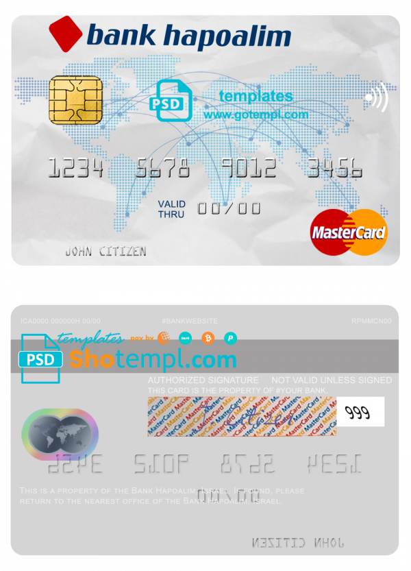 Israel Bank Hapoalim mastercard template in PSD format, fully editable