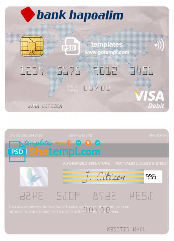 Israel Bank Hapoalim visa card template in PSD format, fully editable