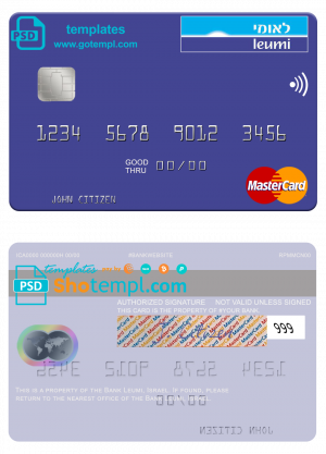 Israel Bank Leumi mastercard template in PSD format, fully editable