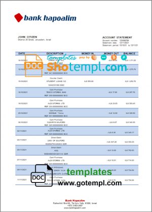 Israel Hapoalim proof of address bank statement template in Word and PDF format