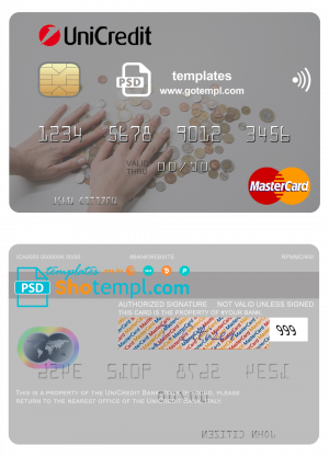 Italy UniCredit Bank mastercard fully editable template in PSD format