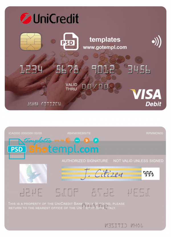 Italy UniCredit Bank visa card fully editable template in PSD format
