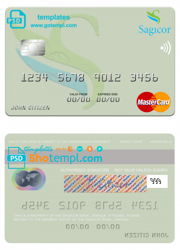 Jamaica Sagicor Bank mastercard fully editable template in PSD format