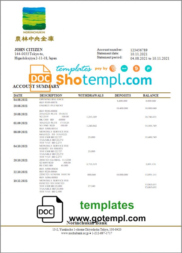 Japan Norinchukin Bank statement template in Word and PDF format