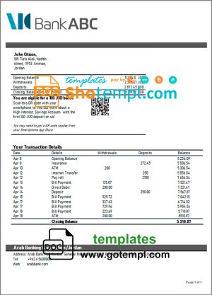 Jordan ABC Bank statement template in Word and PDF format