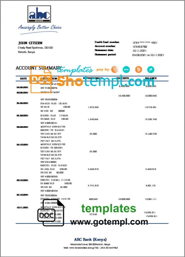 Kenya ABC bank statement template in Word and PDF format