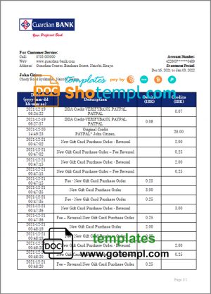 Kenya Guardian Bank statement template in Word and PDF format