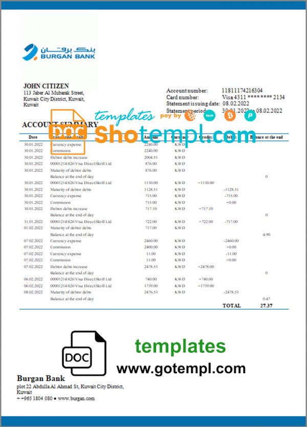 Kuwait Burgan Bank statement template in Word and PDF format