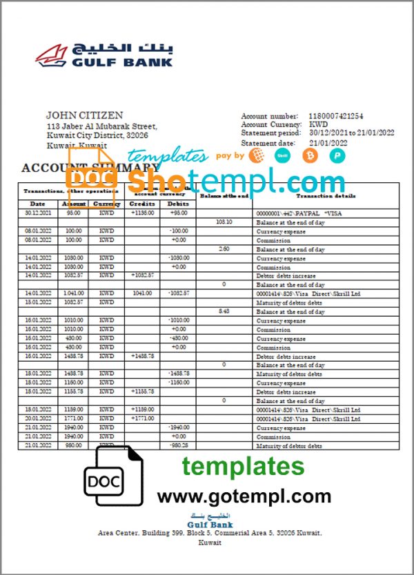 Kuwait Gulf Bank statement template in  Word and PDF format