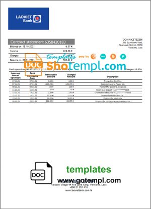 Laos Lao Viet Bank statement template in Word and PDF format