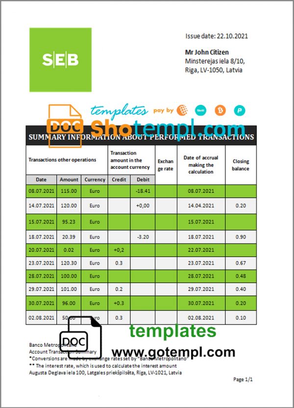 Latvia SEB Bank statement template in Word and PDF format