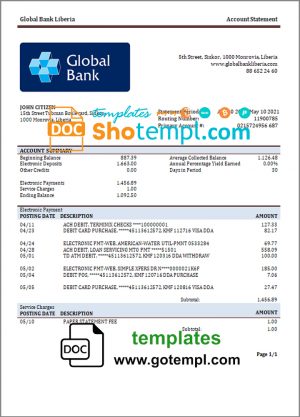 Liberia Global Bank statement template in Word and PDF format