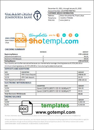 Libya Jumhouria Bank statement template in Word and PDF format