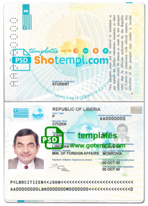 Liberia passport template in PSD format, fully editable