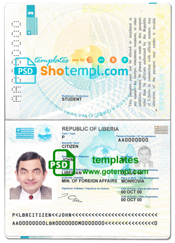 Liberia passport template in PSD format, fully editable