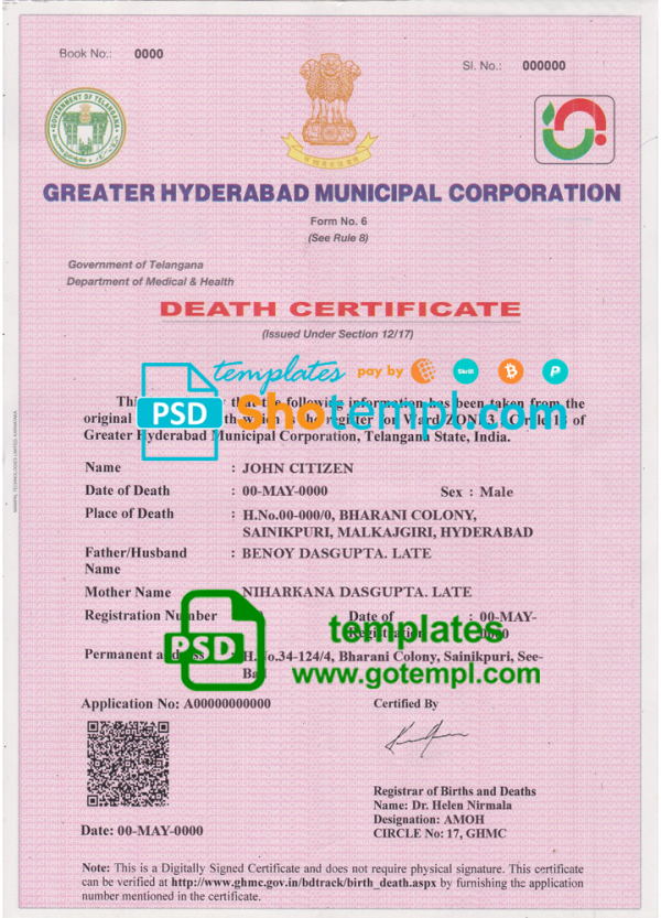 India death certificate template in PSD format, fully editable