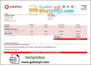 USA Vodafone invoice template in Word and PDF format, fully editable