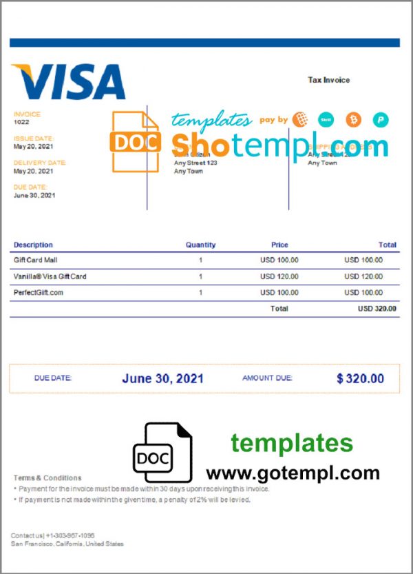 USA Visa invoice template in Word and PDF format, fully editable