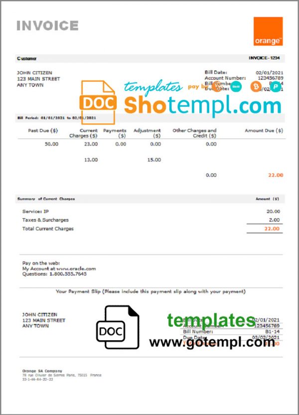 USA Orange invoice template in Word and PDF format, fully editable