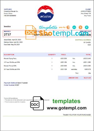 USA Moutai invoice template in Word and PDF format, fully editable