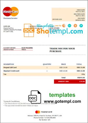 USA MasterCard invoice template in Word and PDF format, fully editable