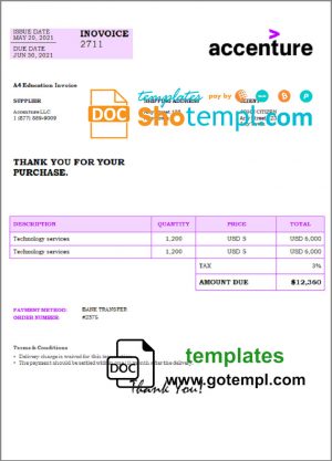 USA Accenture invoice template in Word and PDF format, fully editable