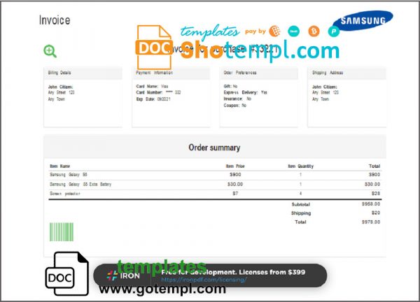 USA Samsung invoice template in Word and PDF format, fully editable