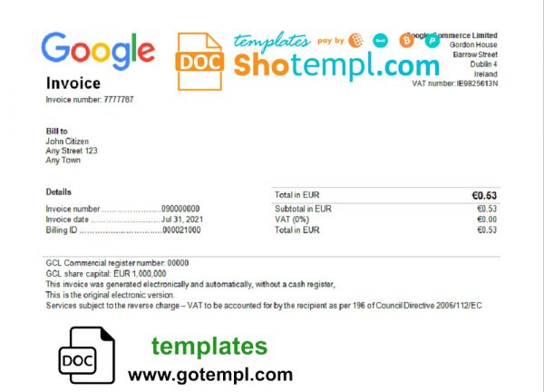 USA Google invoice template in Word and PDF format, fully editable