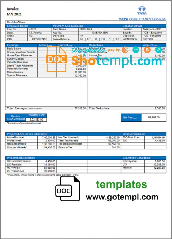 USA Tata Consulting Services invoice template in Word and PDF format, fully editable