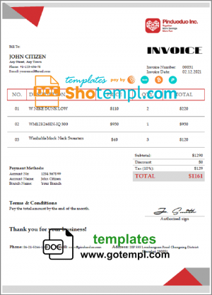 USA Pinduoduo  invoice template in Word and PDF format, fully editable