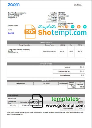 USA Zoom invoice template in Word and PDF (.doc and .pdf) format