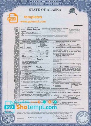 USA Alaska state death certificate template in PSD format, fully editable