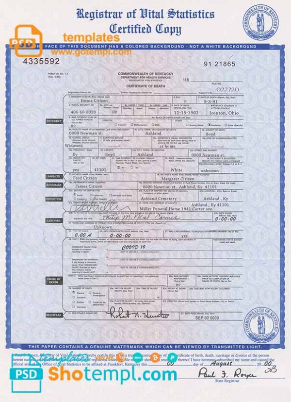 USA Kentucky state death certificate template in PSD format, fully editable