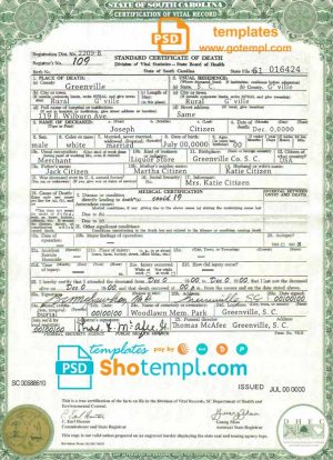 USA South Carolina state death certificate template in PSD format, fully editable