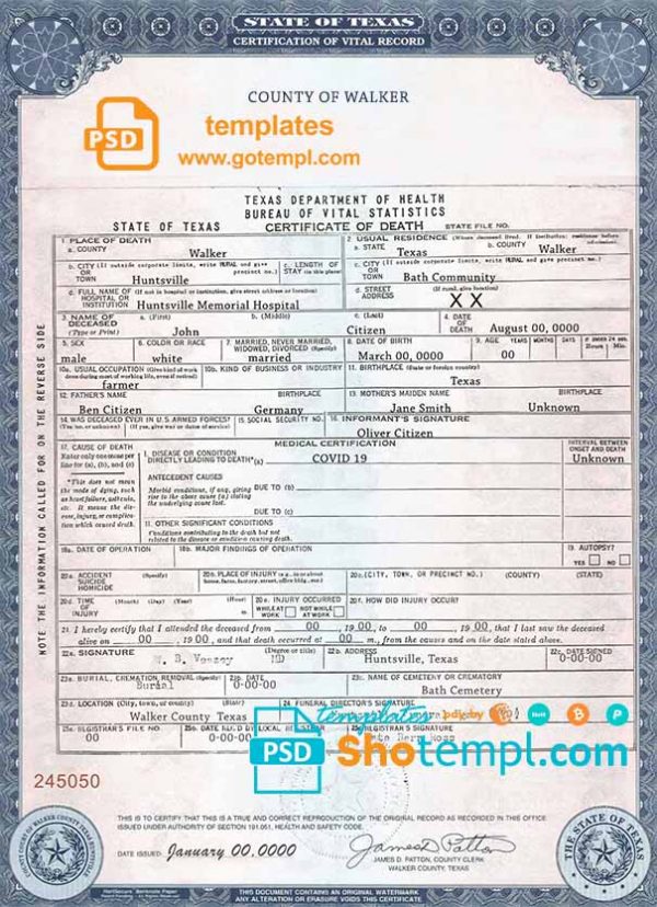USA Texas state death certificate template in PSD format, fully editable