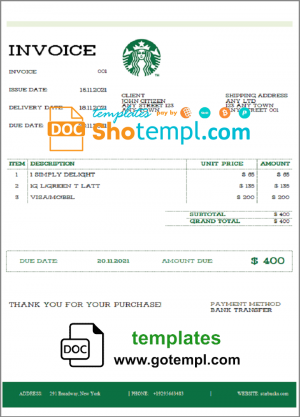 USA Starbucks invoice template in Word and PDF format, fully editable