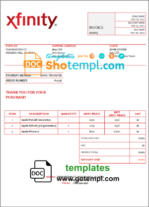 USA Xfinity invoice template in Word and PDF format, fully editable