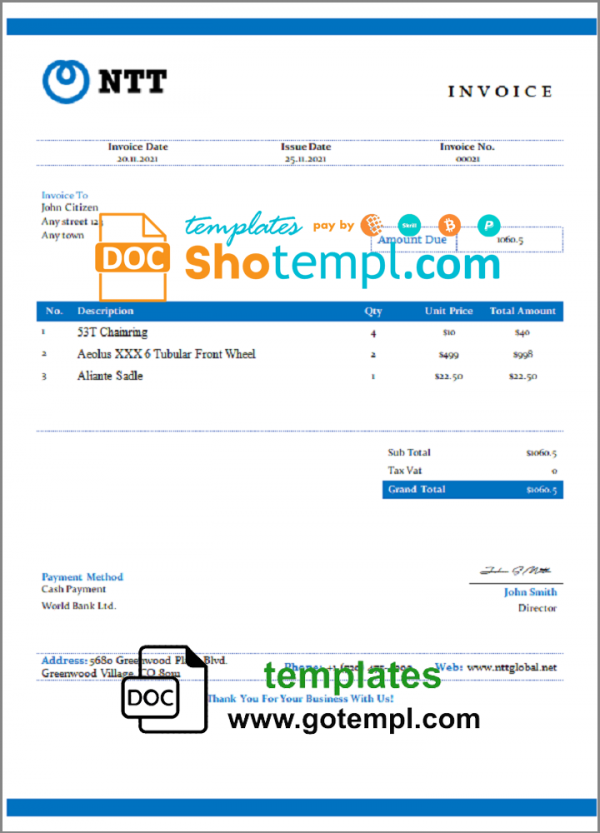 USA NTT invoice template in Word and PDF format, fully editable