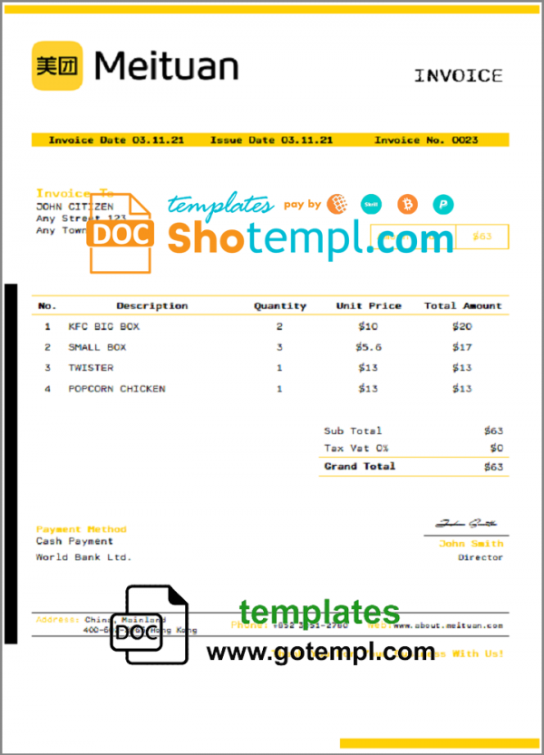 USA Meituan invoice template in Word and PDF format, fully editable