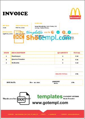 USA Mcdonald's invoice template in Word and PDF format, fully editable