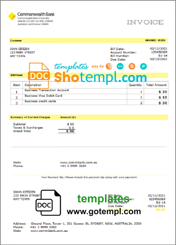 USA Commonwealth invoice template in Word and PDF format, fully editable