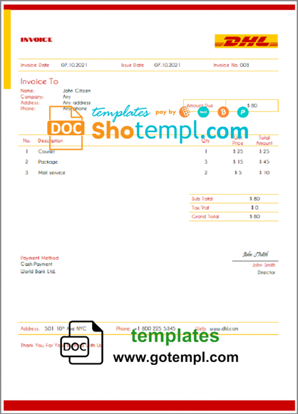 USA DHL invoice template in Word and PDF format, fully editable