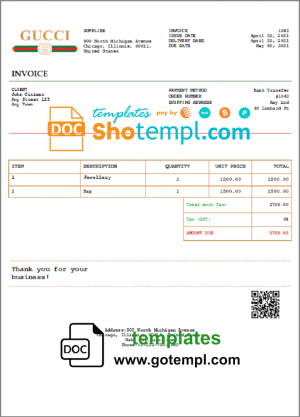 USA Gucci invoice template in Word and PDF format, fully editable