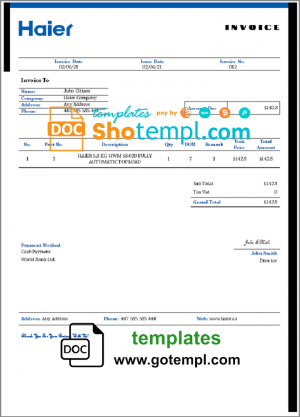 USA Haier invoice template in Word and PDF format, fully editable