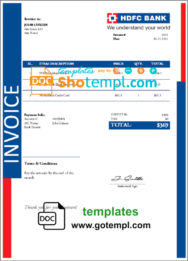 USA HDFC invoice template in Word and PDF format, fully editable