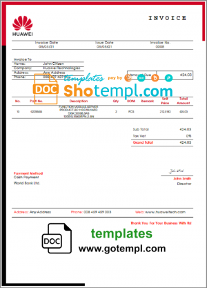 USA Huawei invoice template in Word and PDF format, fully editable