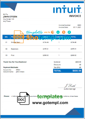 USA Intuit invoice template in Word and PDF format, fully editable