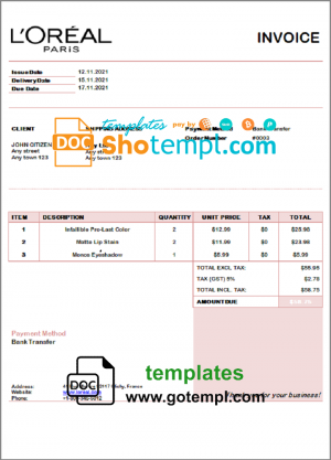 USA L'oreal Paris invoice template in Word and PDF format, fully editable