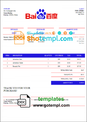USA Baidu invoice template in Word and PDF format, fully editable